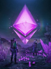 Two figures stand in a surreal purple landscape before a large glowing purple Ethereum (ETH) crystal logo.