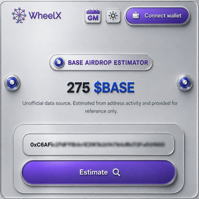 The image shows a "Base Airdrop Estimator" tool by WheelX displaying an estimated result of **275 $BASE** for a wallet address beginning with 0xC6AF, with a disclaimer noting it is an unofficial data source. The accompanying post supports this, with the user sharing that they received this same 275 $BASE estimate and expressing that it feels more realistic compared to other checkers showing 10K–20K+ tokens, despite their extensive farming, trading, and bridging activity.