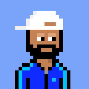 A pixel art portrait of a bearded man wearing a white backwards cap and blue jacket on a light blue background, presented as an NFT. The retro 8-bit style pixel character complements the "RUN NFT" post, giving the digital collectible a nostalgic, video-game inspired aesthetic.