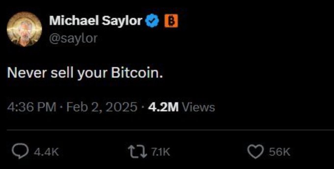 The image features a black background with white text that reads "Never sell your Bitcoin." The text is accompanied by an image of a person's face, likely representing Michael Taylor or someone else associated with the post. The post also includes a link to a video about Bitcoin and a hashtag for the post.