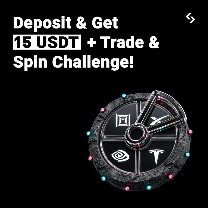 A promotional graphic features a dark, textured spinning wheel displaying logos for XRP, NVIDIA, and Tesla, with text promoting a 'Deposit & Get 15 USDT + Trade & Spin Challenge!'.