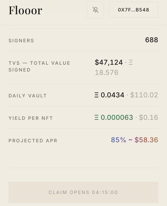 A digital dashboard for the Floorn (FLOOR) NFT project showing 688 signers, $47,124 TVS (Total Value Signed) with an 18.576 token value, a daily vault yield of 0.0434 ETH (~$110.02), yield per NFT of 0.000063 ETH (~$0.16), and a projected APR of 85% (~$58.36), with a claim timer reading 'CLAIM OPENS 04:15:00'.