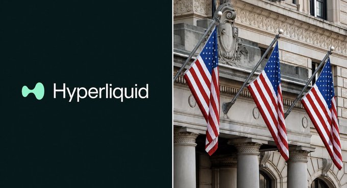 The Hyperliquid logo on the left side with American flags hanging from a classical building on the right.