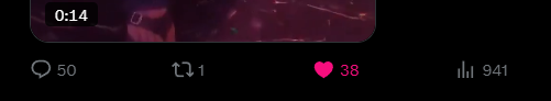 A social media video interface showing 0:14 timestamp with 50 comments, 1 retweet, 38 likes, and 941 views displayed at the bottom.
