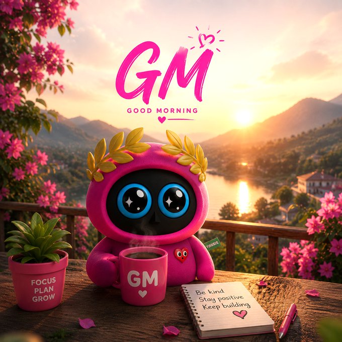 A cheerful 'GM Good Morning' illustration featuring a pink robot character with a laurel wreath holding coffee, surrounded by flowers and a sunset landscape.
