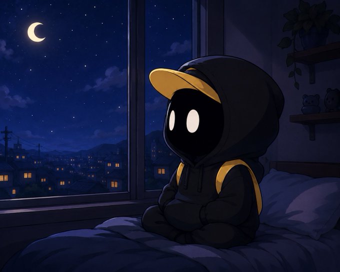 A digital illustration of a small, cute character wearing a black hoodie with yellow accents and glowing white eyes, sitting on a bed by a window that looks out onto a nighttime cityscape with a crescent moon.