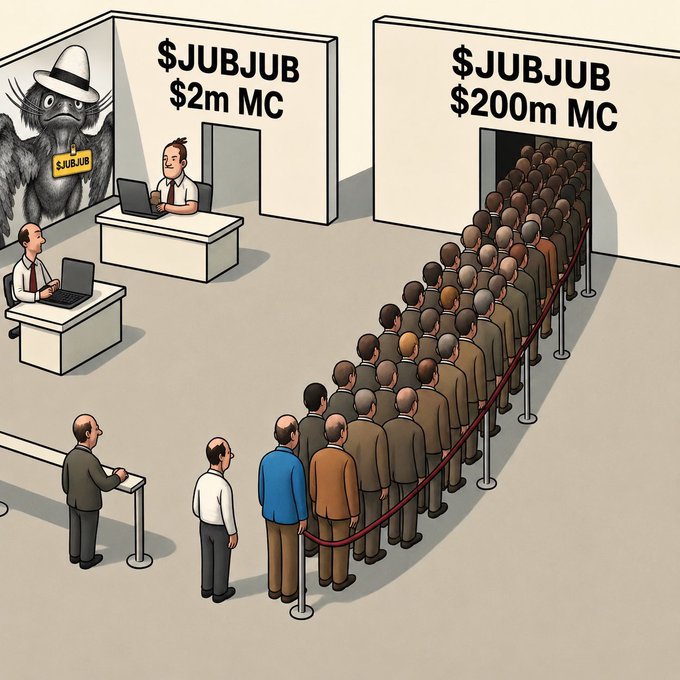 A satirical illustration depicts two booths, one labeled "$JUBJUB $2m MC" with a nearly empty line, and another labeled "$JUBJUB $200m MC" with a massive crowd waiting, accompanied by a cartoon Jubjub bird mascot.