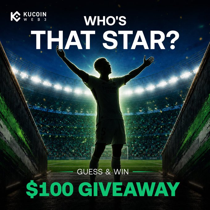 A KuCoin Web3 promotional giveaway image featuring a silhouetted soccer player with arms raised in a stadium, displaying the text "WHO'S THAT STAR?", "GUESS & WIN", and "$100 GIVEAWAY," encouraging followers to guess the mystery player for a chance to win $100 by commenting with their answer and EVM wallet address.
