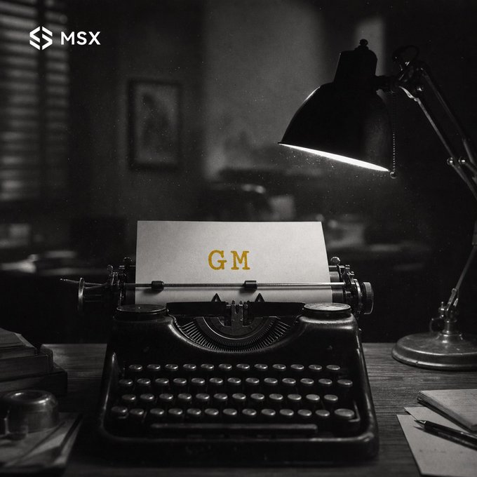 A black-and-white photo of a vintage typewriter with paper showing gold 'GM' lettering, lit by a desk lamp, with an 'MSX' logo in the upper left corner.