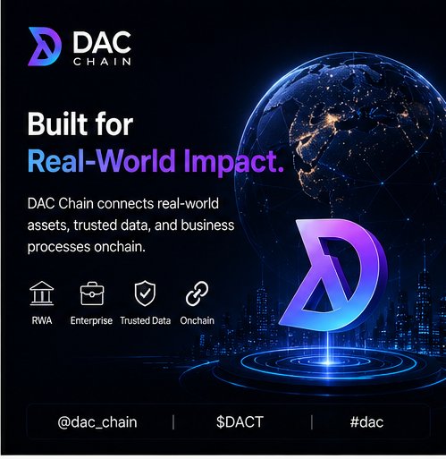 A promotional graphic for DAC Chain featuring its logo alongside a glowing globe, with the tagline "Built for Real-World Impact" and four feature icons labeled RWA, Enterprise, Trusted Data, and Onchain. The social handles "@dac_chain," ticker "$DACT," and hashtag "#dac" appear at the bottom, aligning with the post's emphasis on DAC Chain's quantum-ready security and real-world asset integration.