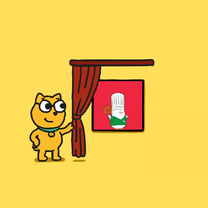 Cartoon illustration on a yellow background showing an orange cat with glasses pulling back a red curtain to reveal a framed picture of a cute egg-shaped chef character wearing a green apron.