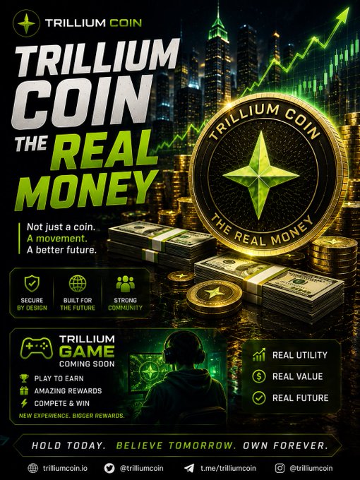 Promotional poster for 'TRILLIUM COIN – THE REAL MONEY' featuring a glowing gold and green coin atop stacks of cash, promising a play-to-earn game with website trilliumcoin.io and social handles @trilliumcoin.