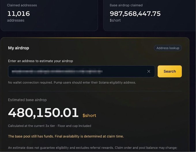 An airdrop claim dashboard showing 11,016 claimed addresses and 987,568,447.75 $short tokens in the base airdrop, with an address lookup section estimating a personal airdrop of 480,150.01 $short tokens.