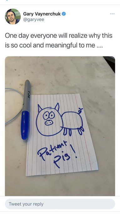 A tweet from Gary Vaynerchuk (@garyvee) saying "One day everyone will realize why this is so cool and meaningful to me ...." above a hand-drawn sketch of a pig labeled "Patient Pig!".