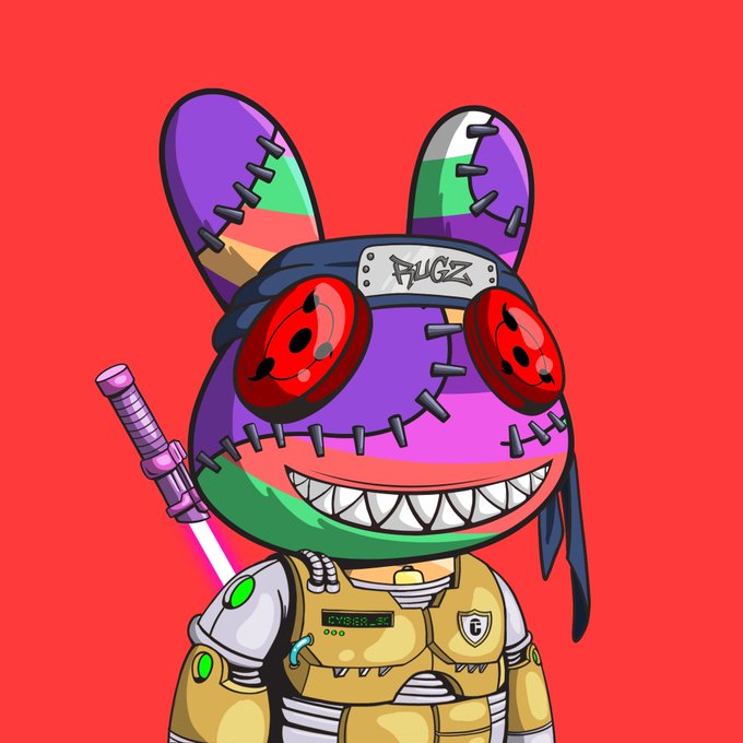 A colorful cartoon bunny character with red button eyes, stitched features, a bandana reading 'FLUGZ', and a yellow cyber-style outfit, with a sword strapped to its back against a red background.