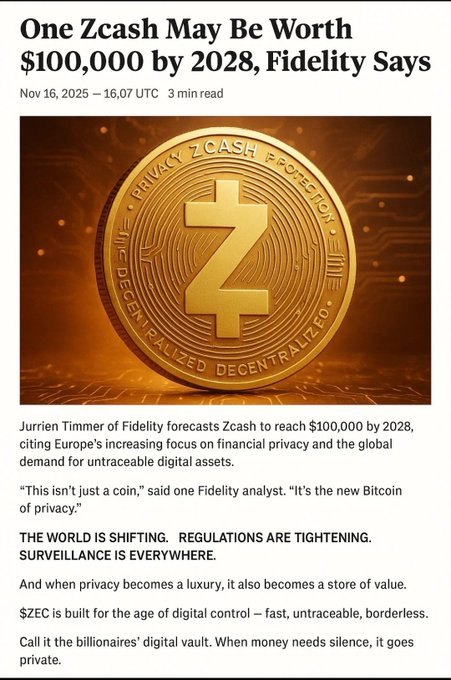 A news article headline reads 'One Zcash May Be Worth $100,000 by 2028, Fidelity Says' dated Nov 16, 2025, featuring a large gold Zcash coin with the text 'PRIVACY ZCASH PROTECTION' and 'DECENTRALIZED' inscribed on it, discussing ZEC cryptocurrency's potential value.