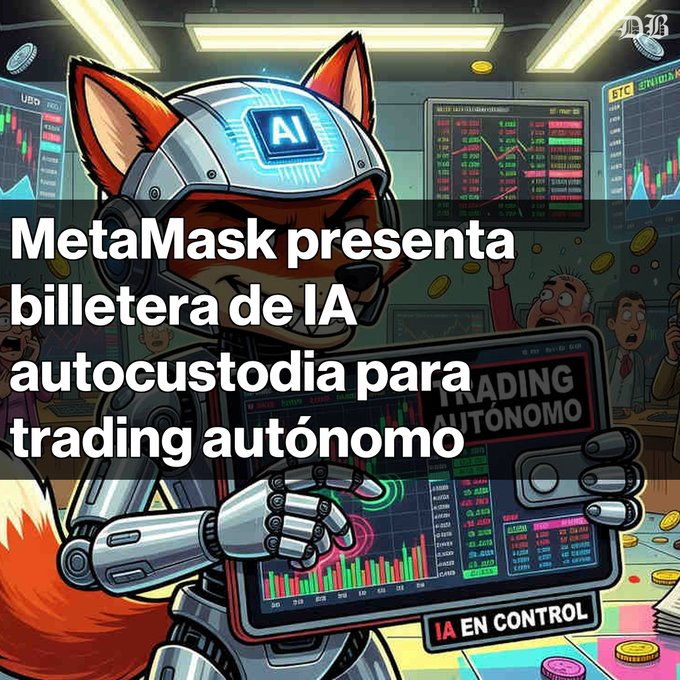An illustrated image of a fox robot with 'AI' on its forehead holding a tablet, overlaid with Spanish text reading 'MetaMask presenta billetera de IA autocustodia para trading autónomo' and 'TRADING AUTÓNOMO' and 'IA EN CONTROL' on the tablet.