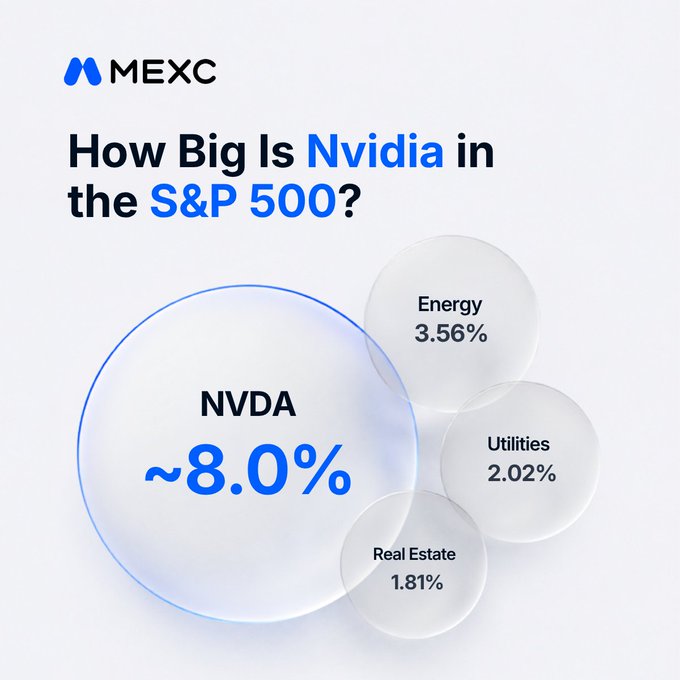 An infographic from MEXC titled 'How Big Is Nvidia in the S&P 500?' comparing NVDA's ~8.0% weight to Energy (3.56%), Utilities (2.02%), and Real Estate (1.81%).