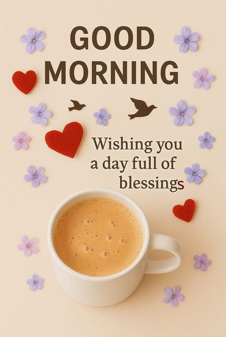 A "GOOD MORNING - Wishing you a day full of blessings" greeting card features a cup of coffee surrounded by small purple flowers, red hearts, and silhouettes of birds.