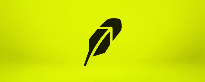 A black feather quill icon centered on a bright neon yellow background, representing the Robinhood Chain logo. The minimalist branding ties into the accompanying list of early Robinhood Chain ecosystem project handles, including launchpads, a meme coin launchpad, DeFi savings protocols, and prediction markets.