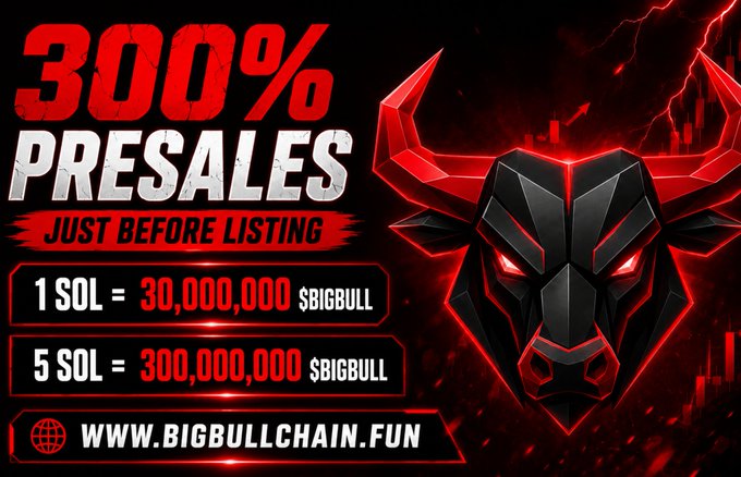 A promotional graphic for "$BIGBULL" presales featuring a red-glowing bull's head logo, advertising a "300% PRESALES JUST BEFORE LISTING" with rates of 1 SOL = 30,000,000 $BIGBULL and 5 SOL = 300,000,000 $BIGBULL, directing viewers to www.bigbullchain.fun. The bold red-and-black design with lightning effects visually reinforces the post's message about a bonus token sale ahead of its listing on the Solana network.