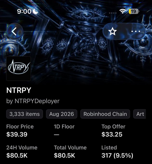 A mobile screenshot of the NFT collection 'NTRPY' by NTRPYDeployer on Robinhood Chain, showing 3,333 items, a floor price of $39.39, top offer of $33.25, and 24H volume of $80.5K.