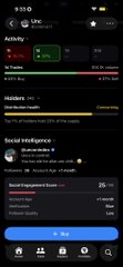 A mobile fitness app screen showing social intelligence metrics, an activity tracker, training load data, and a leaderboard ranking.