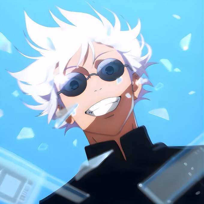 Anime-style illustration of a character with spiky white hair and round sunglasses smiling against a bright blue sky.