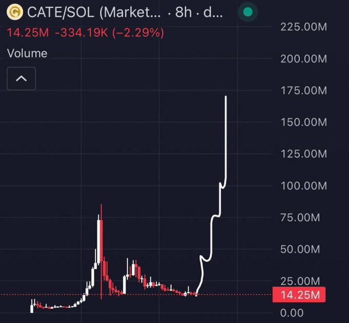 A CATE/SOL trading chart on an 8h timeframe shows a massive volume spike peaking near 175M, far above the recent 14.25M baseline (-2.29%), signaling unusual market activity that supports the poster's bullish prediction of "world order" for $CATE.