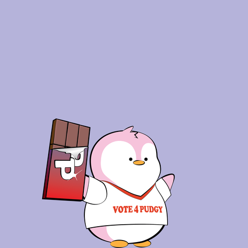 A cartoon penguin wearing a shirt that says 'VOTE 4 PUDGY' and holding a chocolate bar with a 'P' logo.
