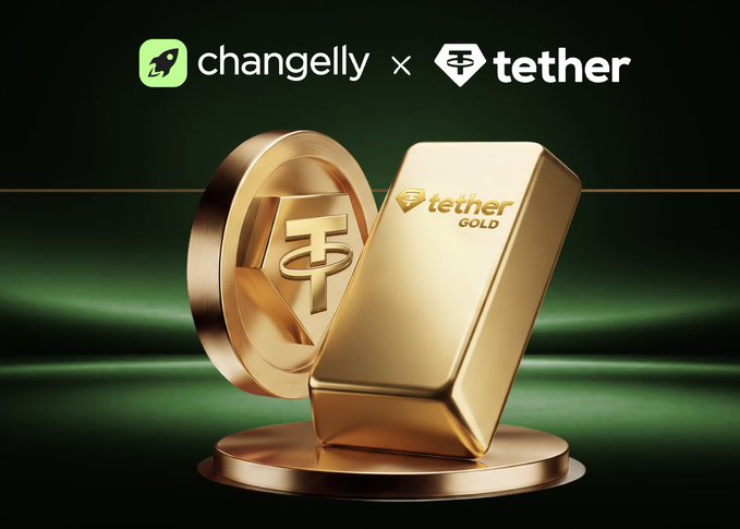 A promotional graphic featuring a gold coin and gold bar both displaying the "tether GOLD" logo and emblem, set against a green background with "changelly × tether" branding at the top, illustrating the new partnership spotlighting Tether's gold-backed $XAUt token through qualifying swaps on Changelly's platform.