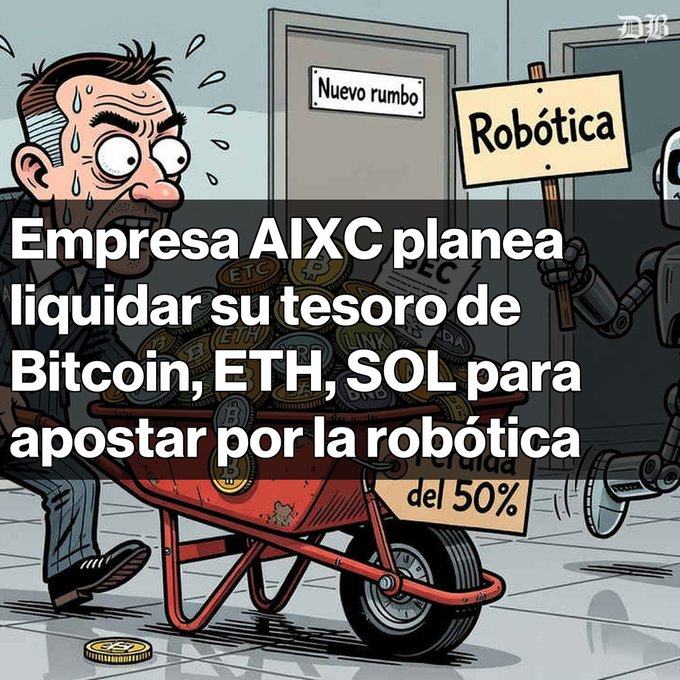 A cartoon depicting a sweating businessman pushing a wheelbarrow full of cryptocurrency (Bitcoin, ETH, SOL, ETC) toward a door labeled "Robótica", with Spanish text stating "Empresa AIXC planea liquidar su tesoro de Bitcoin, ETH, SOL para apostar por la robótica."