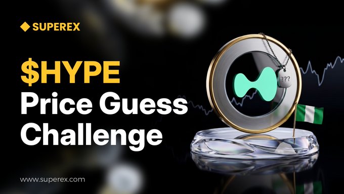 The image features a promotional post for a $HYPE Price Guessing Challenge at superrex.com. The challenge appears to be open for users to make guesses about the opening price of a coin, with potentially a reward for those who get it right. The time posted in the image is 12 PM on Friday (30th May), which is the closing time according to the post title and subtitle. It seems that this challenge is set at the end of the year, as suggested by its relation to predicting the opening price of a coin by December 31st.