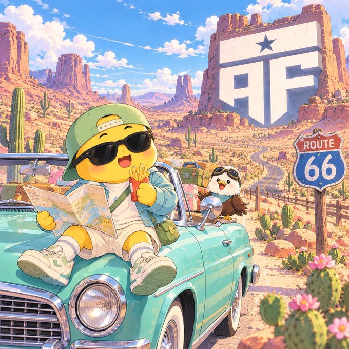 A cartoon chick and a small bird wearing sunglasses sit on the hood of a teal vintage convertible in a desert landscape, with a large "FF" logo carved into the rock formation and a "ROUTE 66" sign visible in the scene.

The image pairs with the post's point about over-disclosure: just as the cute, confident chick lazily shares its map and fries in plain sight along an open highway, the post critiques how compliance norms demand the crypto equivalent — full wallet histories and unrelated counterparty details — when verifying a single legitimate source of funds.
