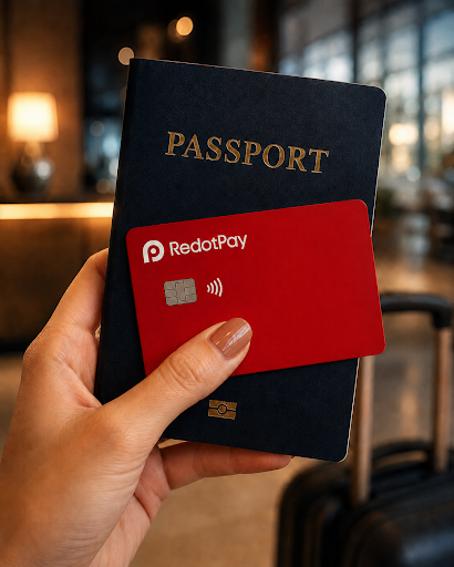 A hand holds a navy blue passport with "PASSPORT" stamped in gold lettering, paired with a bright red "RedotPay" card featuring a contactless payment chip. The setting, complete with a suitcase in the background, ties directly to the post's message about bringing RedotPay to Brazil for the Blockchain Rio event.