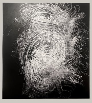 Abstract art featuring chaotic, swirling white lines on a black background within a white frame.