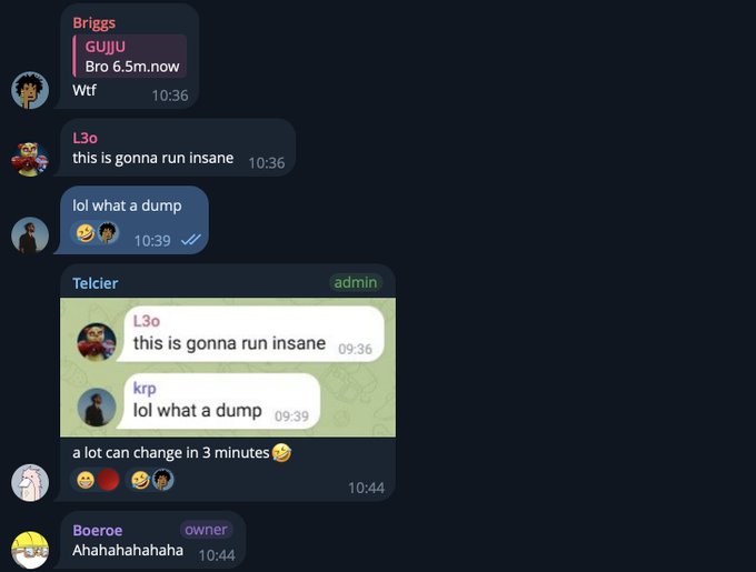 A screenshot of a Telegram group chat discussing crypto markets, showing messages from users 'Briggs', 'L3o', 'krp', 'Telcier', and 'Boeroe' reacting to a market drop, including a quoted message about 'GUJJU Bro 6.5m' and comments like 'this is gonna run insane' and 'lol what a dump'.