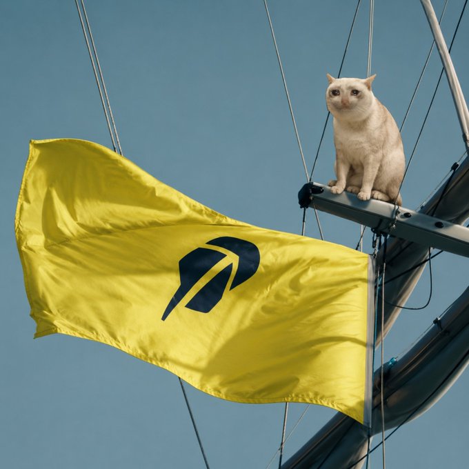 A white cat perches on a sailboat rigging next to a large yellow flag displaying a dark logo resembling "RC," echoing the Robinhood Chain community's bold ambitions as $CASHCAT aims to become its flagship billion-dollar meme coin.