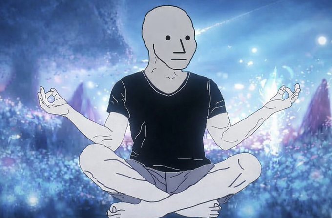 An anime-style illustration of a featureless humanoid figure with a mask-like face, wearing a black t-shirt and shorts, sitting in a meditation pose against a sparkling blue cosmic background.