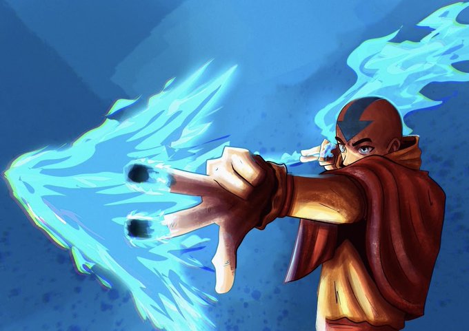 A blue arrow tattooed Avatar Aang launches glowing blue flames from his fingertips in a dynamic Firebending pose, complementing a post promoting a contest with multiple winners.