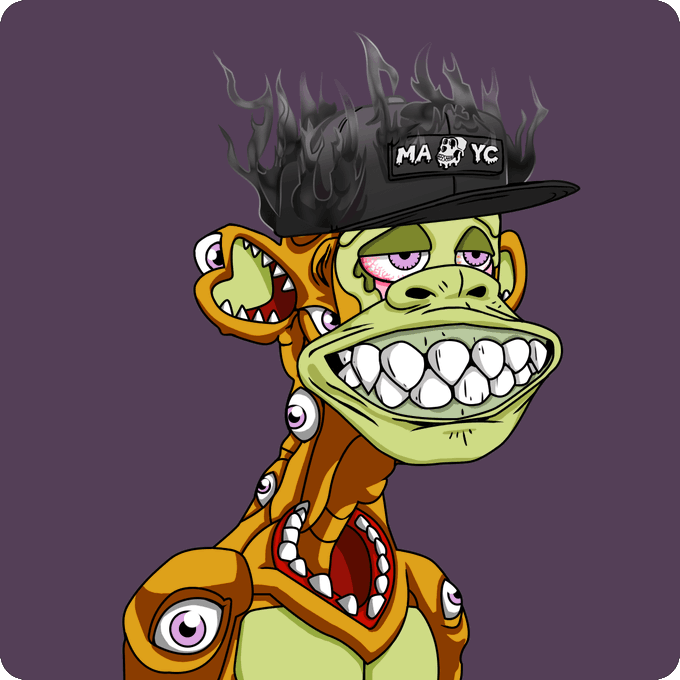An illustration of an orange and green monkey-like creature wearing a black hat engulfed in flames with a 'MAFIA YC' patch.