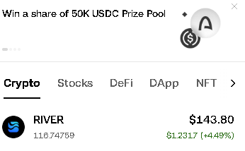 A cryptocurrency trading app interface showing RIVER token at $143.80 with a $1.2317 (+4.49%) increase, under a banner to 'Win a share of 50K USDC Prize Pool'.