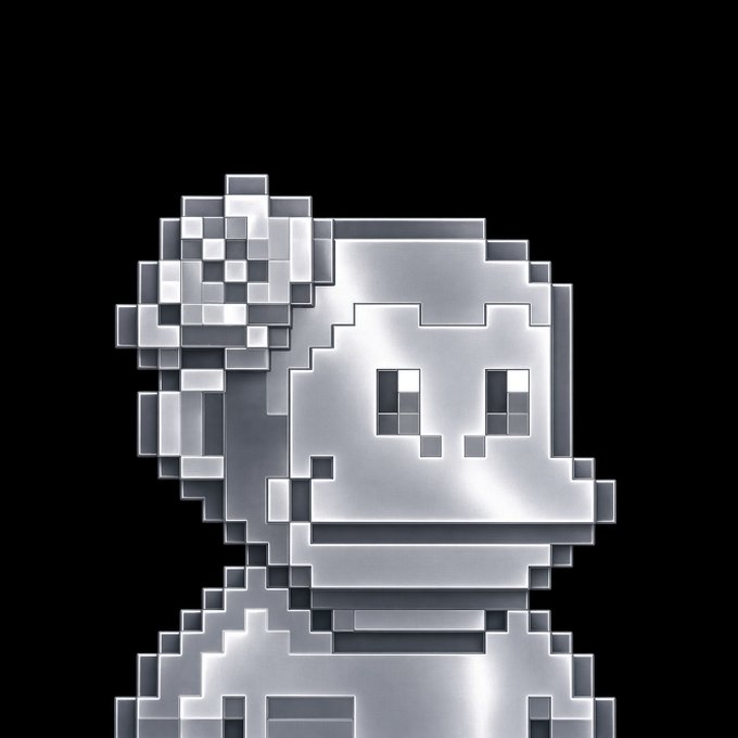 A pixelated silver robot character is rendered in metallic chrome tones with a glossy, chrome-like finish against a black background. The robot's silver aesthetic visually reinforces the post's announcement about physical silver being tokenized on the Solana blockchain, with the blocky, pixel-art style nodding to crypto/digital asset culture.