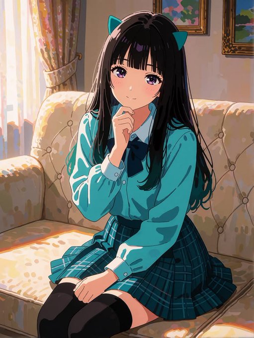 An anime-style illustration of a girl with long dark hair and cat-ear accessories, wearing a teal blouse and plaid skirt, sitting on a cream-colored sofa.