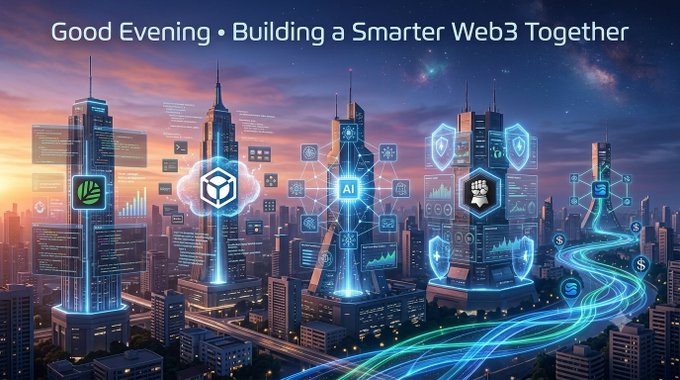 Futuristic cityscape at sunset with the text "Good Evening • Building a Smarter Web3 Together" and various glowing technology icons floating among skyscrapers.