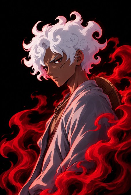 An anime-style illustration depicts a character with curly white hair and red eyes surrounded by red flames against a black background.