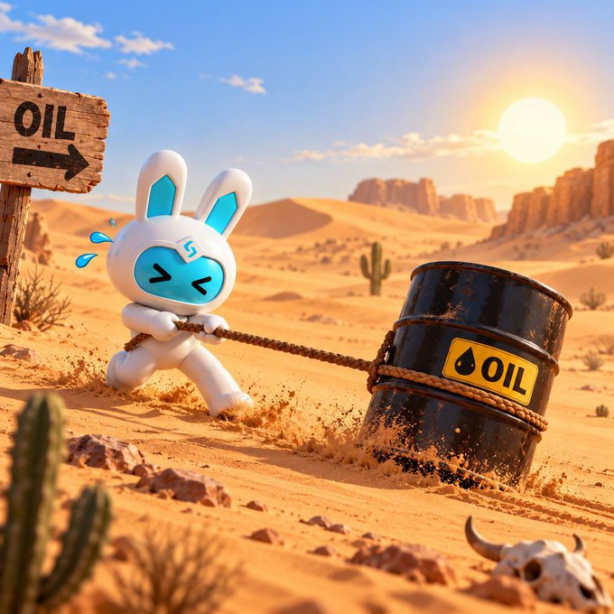 A 3D-rendered scene of a white rabbit character with blue accents straining to pull a large black oil barrel labeled 'OIL' through a desert landscape near a wooden 'OIL' sign.