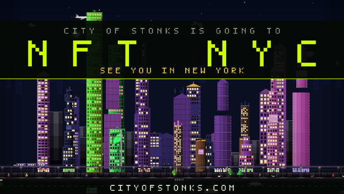 A pixel-art cityscape titled "CITY OF STONKS IS GOING TO NFT NYC" with the tagline "SEE YOU IN NEW YORK" and the website "cityofstonks.com" displayed below a neon-lit skyline. The image relates to the post by announcing the project's upcoming appearance at NFT NYC, where attendees can meet the team in person and receive a free exclusive "liberty landmark" trait.