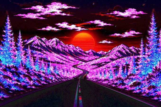 A vibrant vaporwave-style digital artwork depicting a road stretching through purple and pink glowing forest toward mountains, with a large red sun setting under pink clouds.