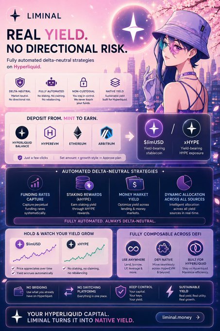 A colorful promotional graphic for @liminalmoney shows its “REAL YIELD. NO DIRECTIONAL RISK.” platform on Hyperliquid, featuring yield-bearing SlimUSD and xHYPE alongside automated delta-neutral strategies. It highlights funding-rate capture, staking rewards, dynamic allocation, composability across DeFi, and deposits from USDC/USDT on Hyperliquid, HyperEVM, Ethereum, or Arbitrum—matching the post’s offer to earn sustainable yield as HYPE retests $74 without manually managing directional positions.